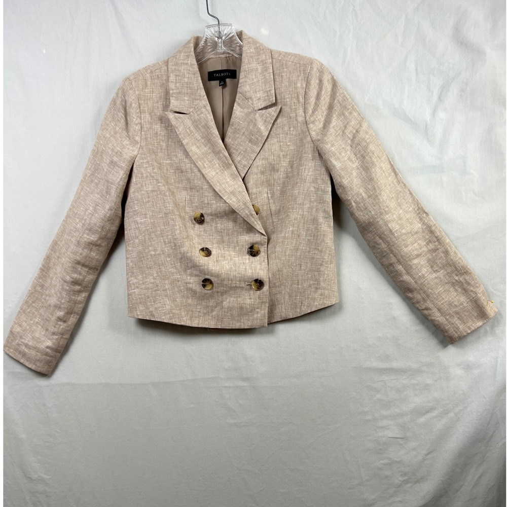Talbots Linen Blazer Women 2 Tan Double Breasted Cropped Professional Jacket